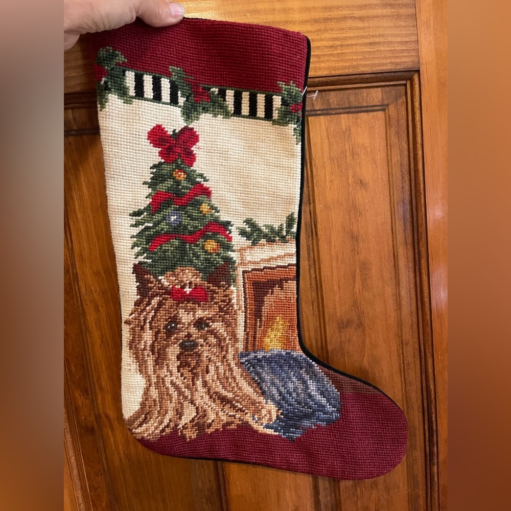 Yorkie needle point Christmas stocking